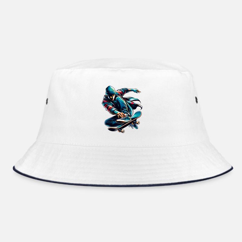 Lebendiges buntes Motiv eines Skaters - Bucket Hat - Weiß/Navy