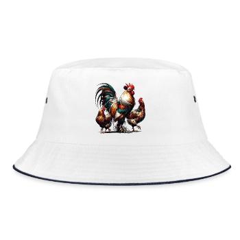prächtiger bunter Hahn mit zwei Hennen auf dem Hof - Bucket Hat - Weiß/Navy - Vorne