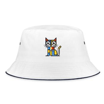 Bunte kubistische Illustration einer Katze - Bucket Hat - Weiß/Navy - Vorne