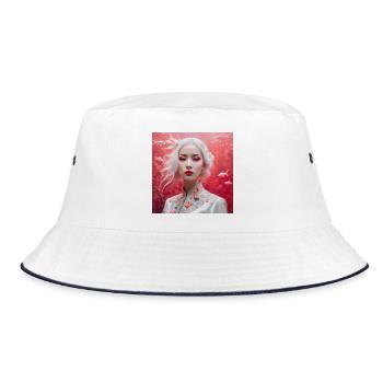 Beautiful Japanese girl on red background with fish - Bucket Hat - white/navy - Front