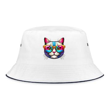 Kater mit Sonnenbrille - Bucket Hat - Weiß/Navy - Vorne