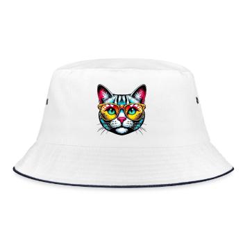 Kater mit Sonnenbrille - Bucket Hat - Weiß/Navy - Vorne