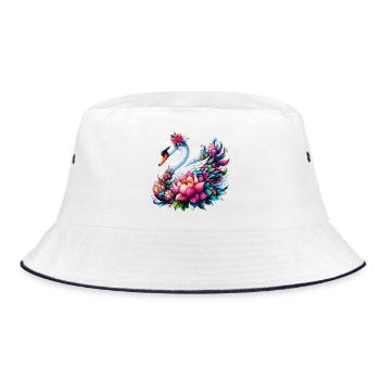 Schwan verziert mit Lotusblüten - Bucket Hat - Weiß/Navy - Vorne