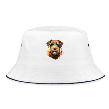 Airedale Terrier mit Sonenbrille - Bucket Hat - Weiß/Navy - Vorne