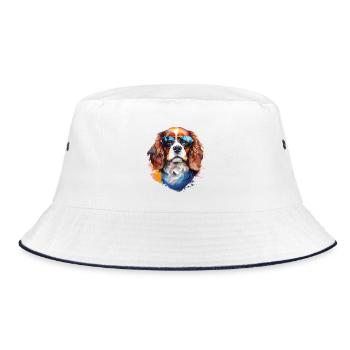 Cavalier Kings Charles Spaniel mit Sonnenbrille - Bucket Hat - Weiß/Navy - Vorne