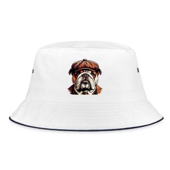 Englische Bulldogge Hund - Bucket Hat - Weiß/Navy - Vorne