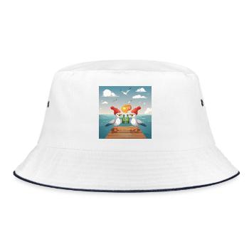 02 Lustige Möwen trinken Flaschen Bier Meer Prost - Bucket Hat - Weiß/Navy - Vorne