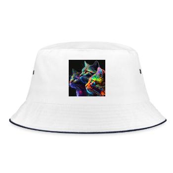 Neonfarbene Katzen auf schwarzem Hintergrund - Bucket Hat - Weiß/Navy - Vorne