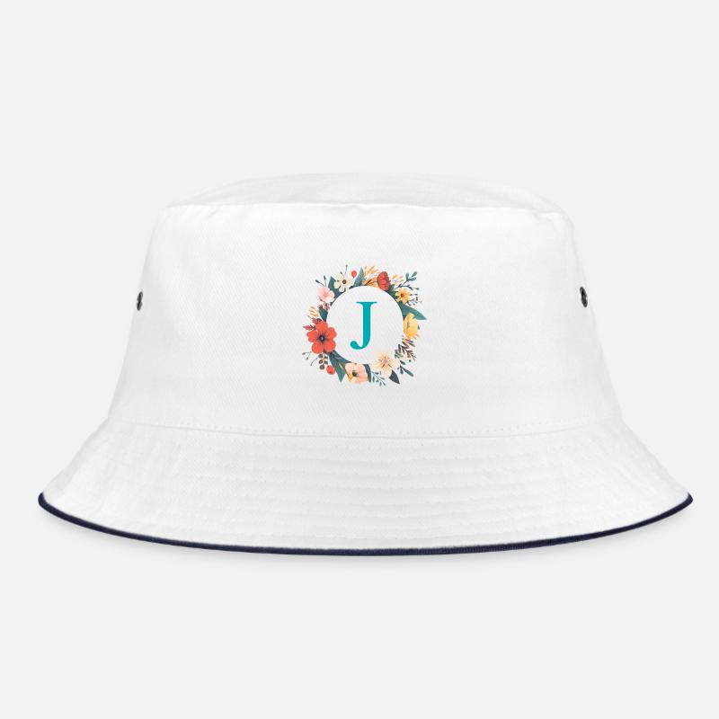 J Monogramm, Blumen-Kranz, personalisierbar - Bucket Hat - Weiß/Navy