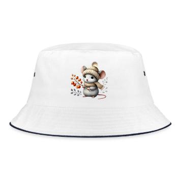 cute mouse with a knitted hat, scarf and berries - Bucket Hat - white/navy - Front