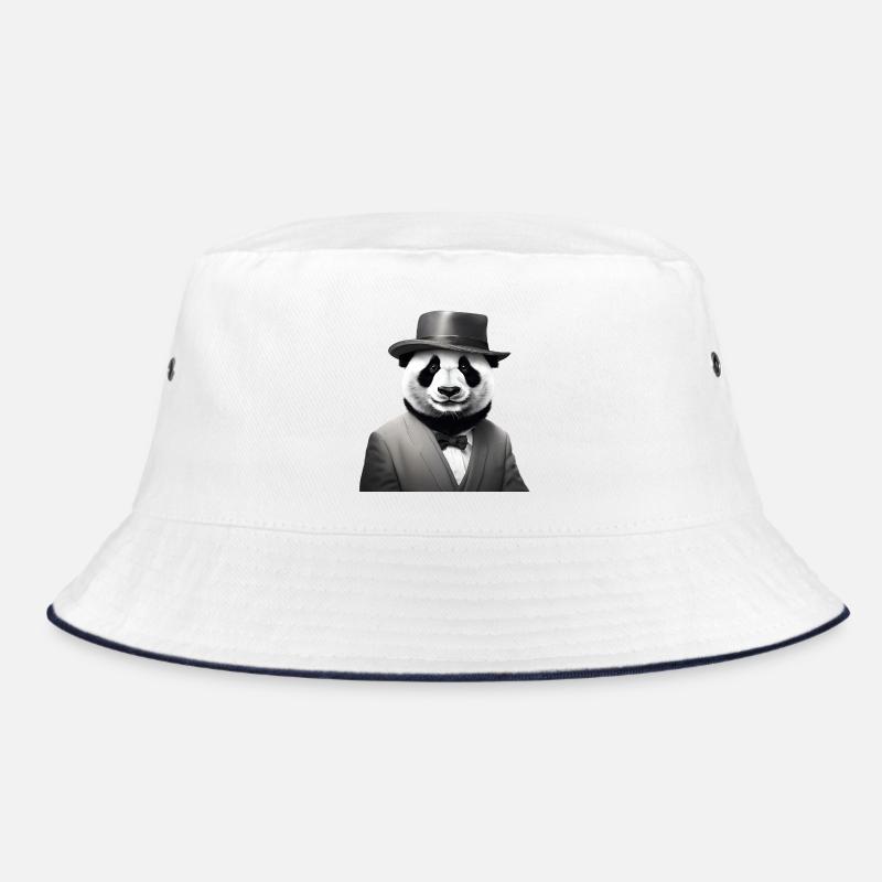 Eleganter Panda im klassischen Smoking und Fedora - Bucket Hat - Weiß/Navy