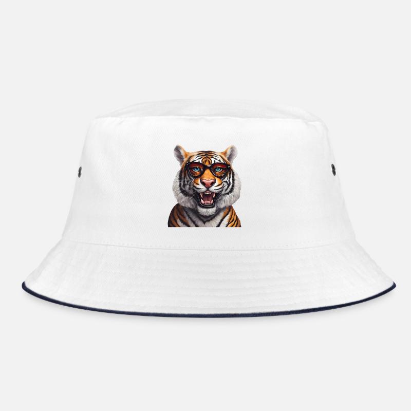 Intelligenter Tiger mit Brille Design - Bucket Hat - Weiß/Navy