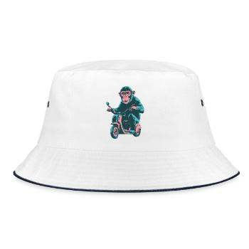 Cooler Affe auf einem Retro-Scooter - Bucket Hat - Weiß/Navy - Vorne