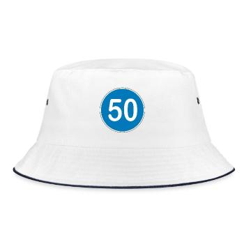 50.Geburtstag , 50 Jahre , Verkehrsschild Blau - Bucket Hat - Weiß/Navy - Vorne