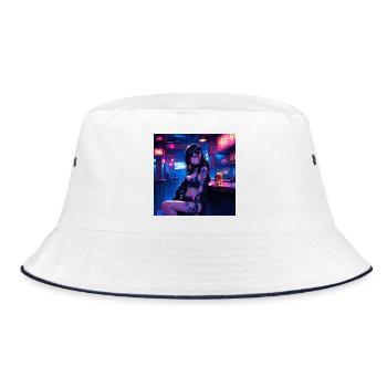 N-dless Nights: Anime-Cyberpunk-Mädchen in einer dunklen Bar - Bucket Hat - Weiß/Navy - Vorne