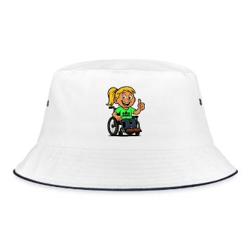 Lolla role model of wheelchair users. Wheelchair # - Bucket Hat - white/navy - Front