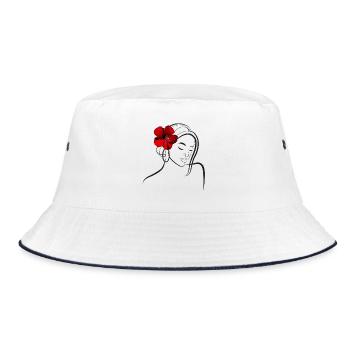 Elegante Blumenkopffrau mit Mohnblume - Bucket Hat - Weiß/Navy - Vorne