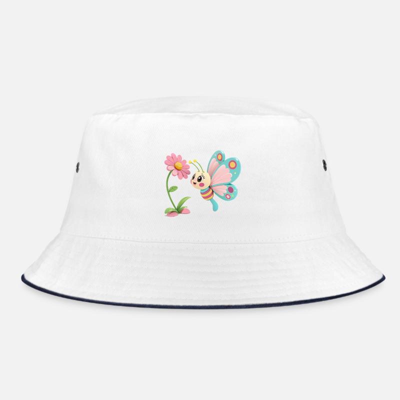 Fröhlicher Schmetterling vor einer Blume - Bucket Hat - Weiß/Navy