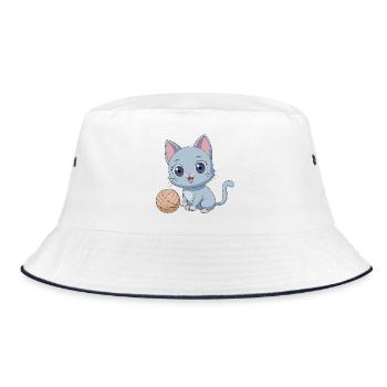 Playful Blue Kitten with Ball of Yarn - Bucket Hat - white/navy - Front