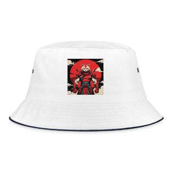 Samurai-Katzenkrieger - Bucket Hat - Weiß/Navy - Vorne