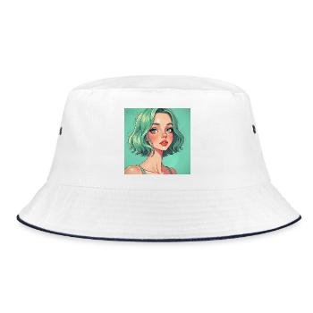 Mintgruen Pop-Art Portrait Dame - Bucket Hat - Weiß/Navy - Vorne