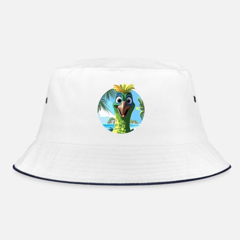 Exotic Bird and Palm Trees Drawing - Bucket Hat - white/navy