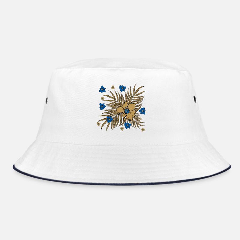 Tropical Leaves and Flowers Pattern - Bucket Hat - white/navy