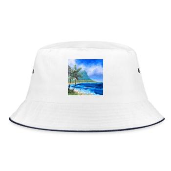 Tropical Coastal Landscape Artwork Hawaii Ocean - Bucket Hat - white/navy - Front