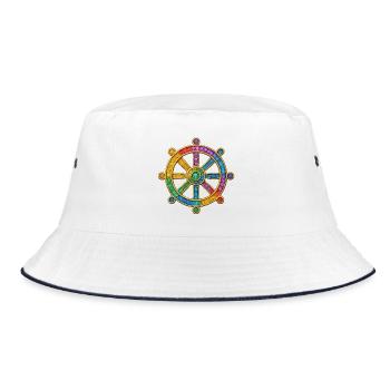 Bunter Steuerrad  Dharma-Rad_-Buddhismus - Bucket Hat - Weiß/Navy - Vorne