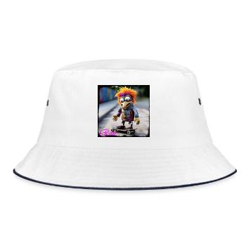 Bunte Streetart Vogel Puppe auf Skateboard urban - Bucket Hat - Weiß/Navy - Vorne