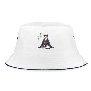 Moderne Anime Katze im Kimono – Zen Meditation - Bucket Hat - Weiß/Navy - Vorne