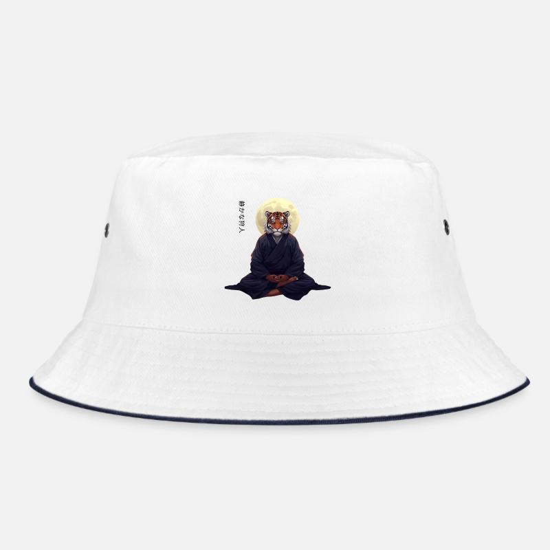 Tiger Monk – Sumi-e Zen Kunst Strength Within - Bucket Hat - Weiß/Navy