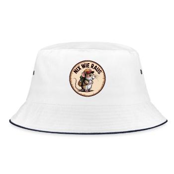 Abenteuermaus mit Rucksack und Hut - Bucket Hat - Weiß/Navy - Vorne