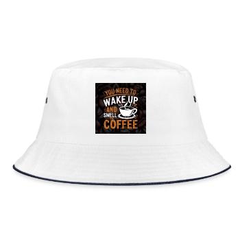 Wach auf und rieche Kaffee-Zitat-Design - Bucket Hat - Weiß/Navy - Vorne