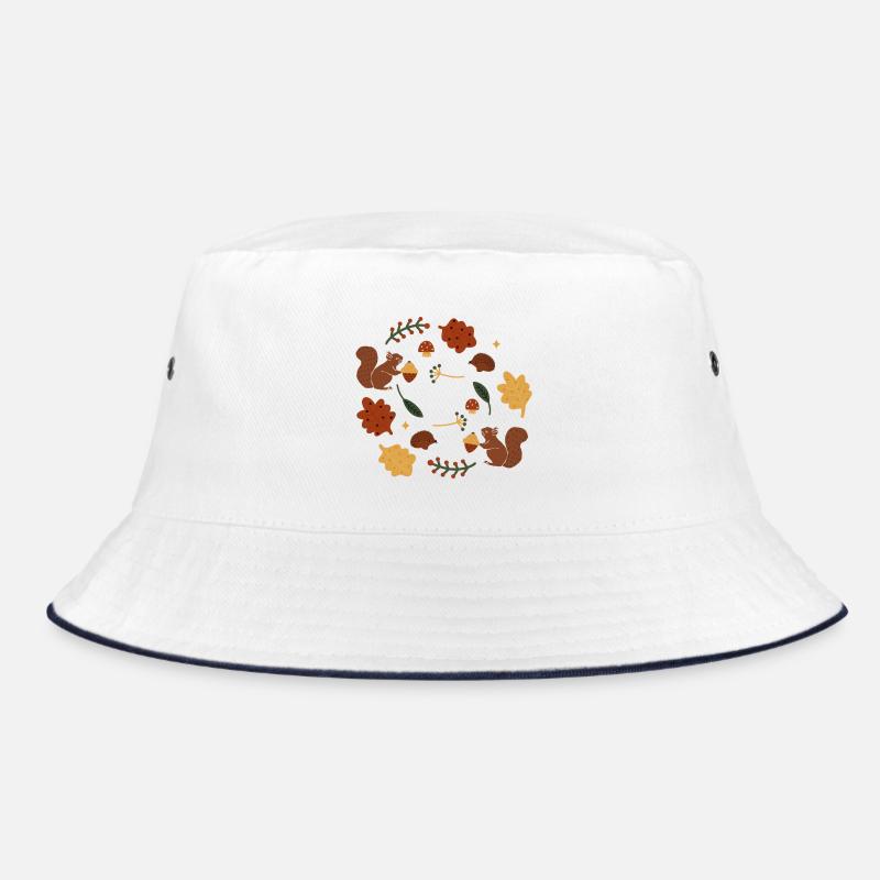 Autumnal Squirrels and Leaves Pattern - Bucket Hat - white/navy