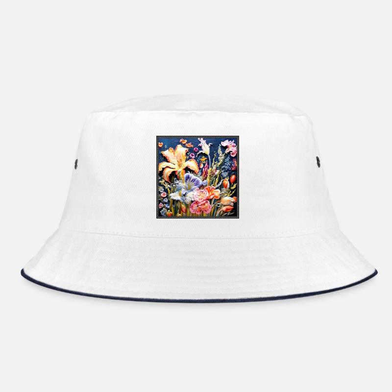Floral pattern in embroidery technique on dark blue Bucket Hat