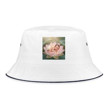 Windel-Baby schläft auf geöffneter Lotusblüte  - Bucket Hat - Weiß/Navy - Vorne