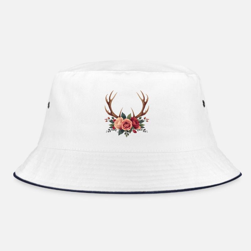 Hirschgeweih & Rosen - Boho Nature Design - Bucket Hat - Weiß/Navy