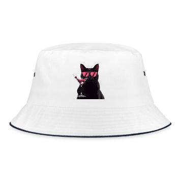 Black Cat with Pink Martini Cartoon - Bucket Hat - white/navy - Front