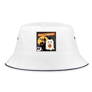 Kawaii Geisterkatze mit einem Halloween-Kürbis - Bucket Hat - Weiß/Navy - Vorne