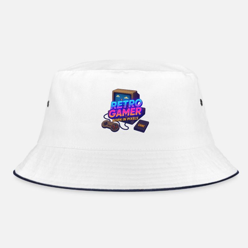 Retro Gamer Born in Pixels - Bucket Hat - Weiß/Navy