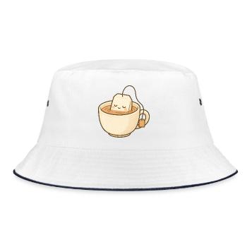 Kawaii Teebeutel in einer warmen Tasse - Bucket Hat - Weiß/Navy - Vorne