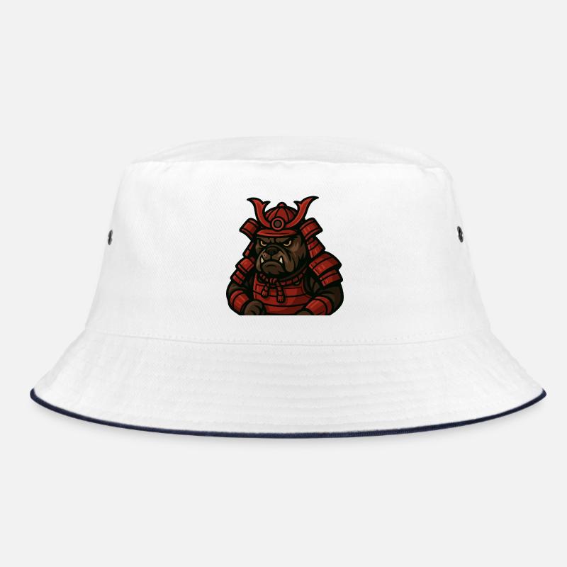 Bulldog Samurai Warrior in Red Battle Armor Bucket Hat