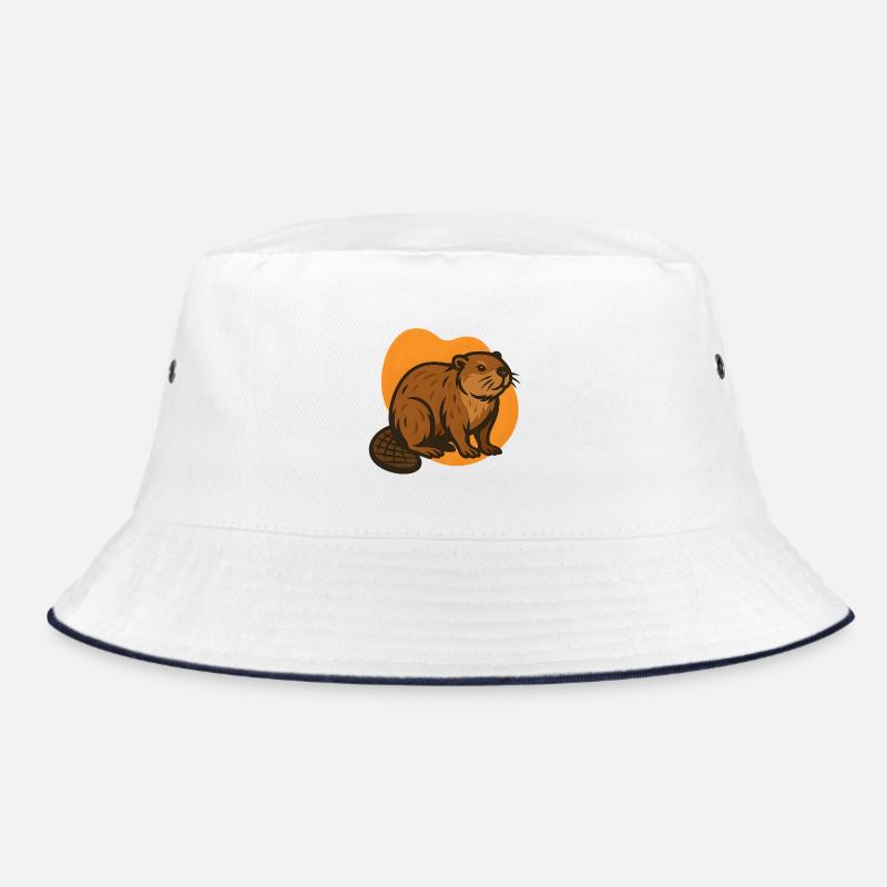 Biber auf orangefarbenem Hintergrund - Bucket Hat - Weiß/Navy