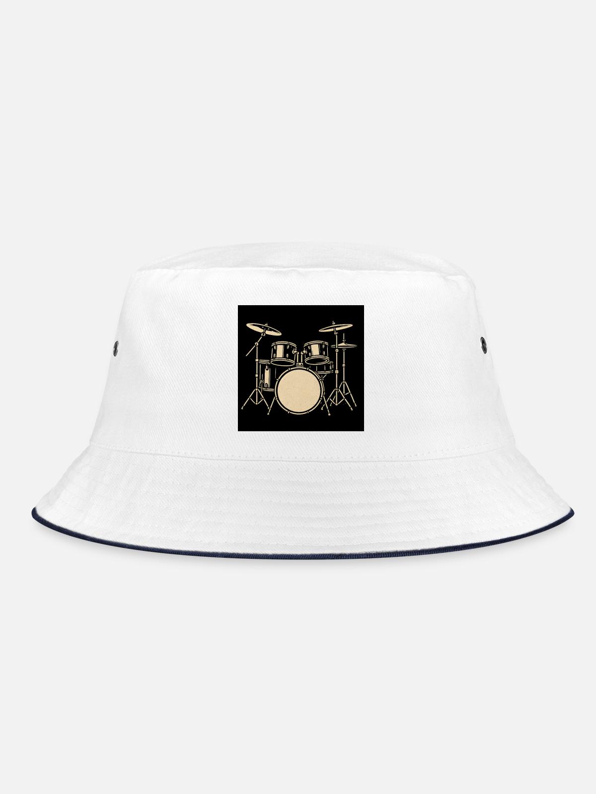 Black Silver Drumset Illustration - Bucket Hat - white/navy - Front