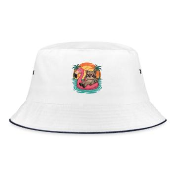 Lustiger Waschbär entspannt sich auf Flamingo Float Sunset - Bucket Hat - Weiß/Navy - Vorne