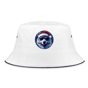 Wolf mit Weihnachtsmütze und Sonnenbrille - Bucket Hat - Weiß/Navy - Vorne