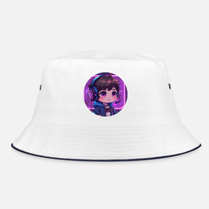 Neon Gaming Chibi mit Kopfhörern - Bucket Hat - Weiß/Navy