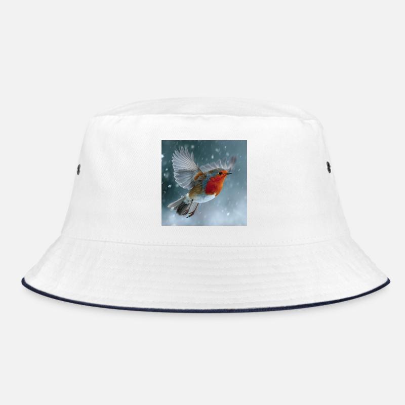 Robins flying in the snow Winter magic in flight Bucket Hat