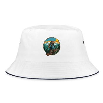 Cute Bear Hiking Camping Mountain Adventure - Bucket Hat - white/navy - Front
